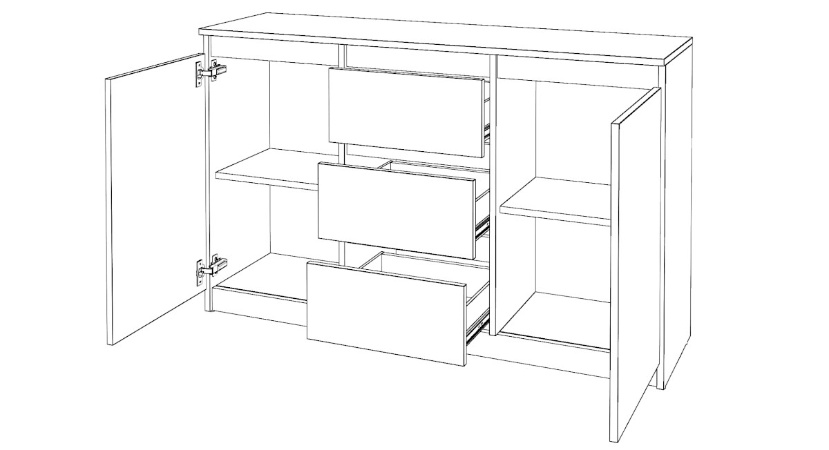 Szkic prezentujący zamkniętą komodę Agnes 120cm 2D 3SZ Otwarte