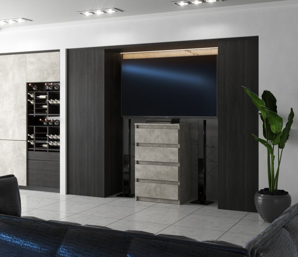 Komoda Hugo z 4 szufladami na tle rzeczywistym z korpusem w kolorze beton atelier i frontami w kolorze beton atelier