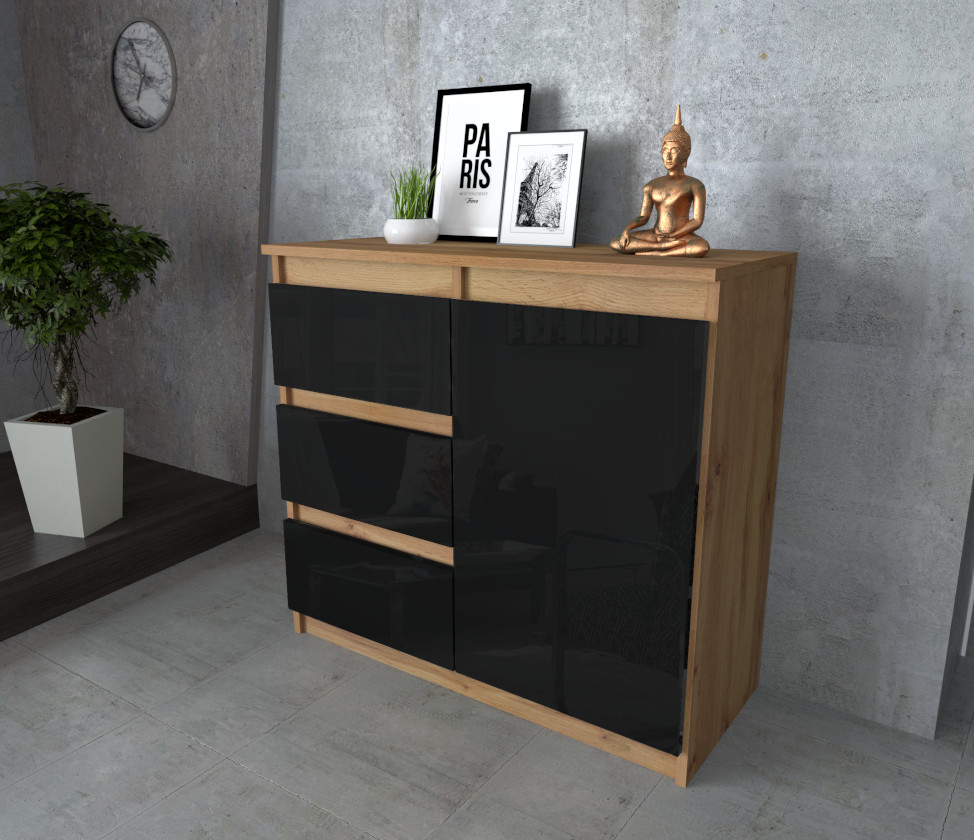 Komoda Agnes 80cm z 1 drzwiami i 3 szufladami na tle rzeczywistym z korpusem w kolorze dab wotan i frontami w kolorze czarny polysk