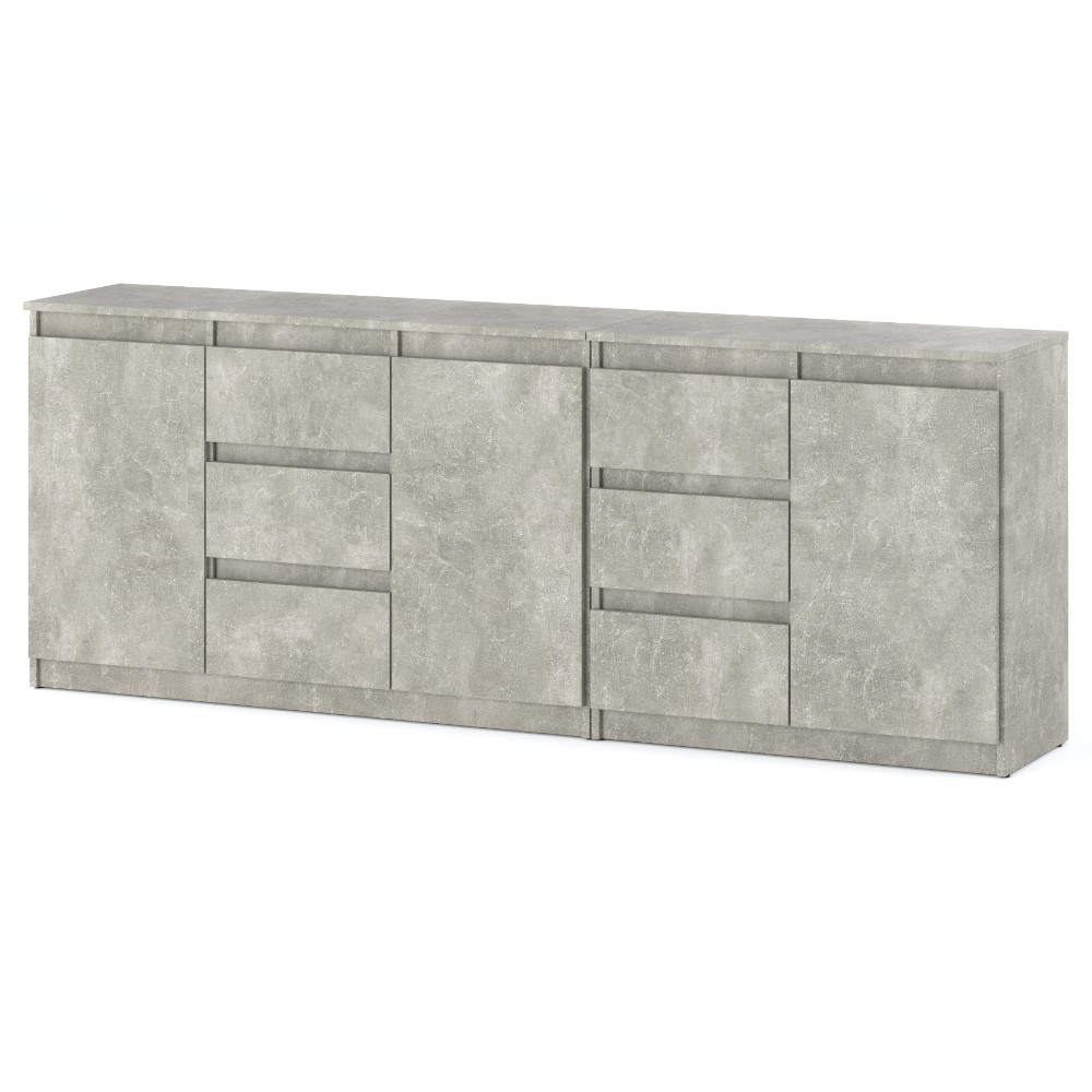 komoda-best-agnes-200-cm-beton Komoda Best Agnes 200cm z 3 drzwiami i 6 szufladami na tle w kolorze bialym z korpusem w kolorze beton i frontami w kolorze beton