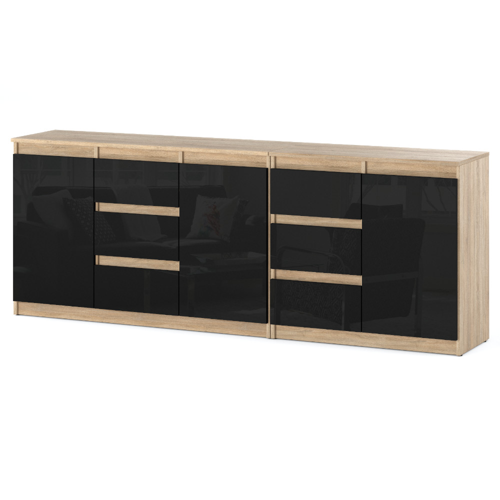 komoda-best-agnes-200-cm-dab-sonoma-czarny-polysk Komoda Best Agnes 200cm z 3 drzwiami i 6 szufladami na tle w kolorze bialym z korpusem w kolorze dab sonoma i frontami w kolorze czarny polysk