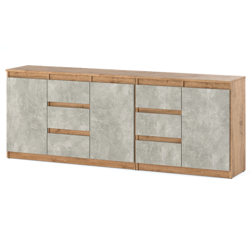 komoda-best-agnes-200-cm-dab-wotan-beton Komoda Best Agnes 200cm z 3 drzwiami i 6 szufladami na tle w kolorze bialym z korpusem w kolorze dab wotan i frontami w kolorze beton