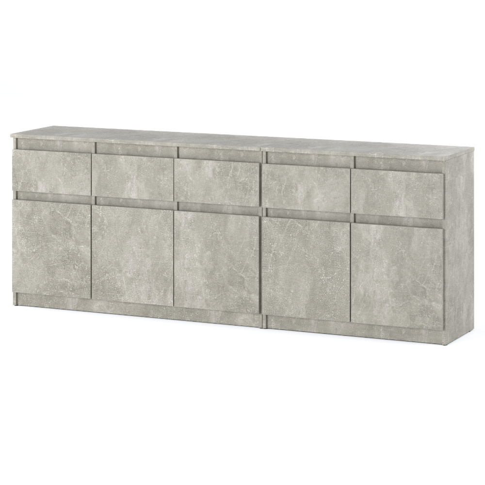 komoda-best-oleksa-200-cm-beton Komoda Best Oleksa 200cm z 6 drzwiami i 6 szufladami na tle w kolorze bialym z korpusem w kolorze beton i frontami w kolorze beton