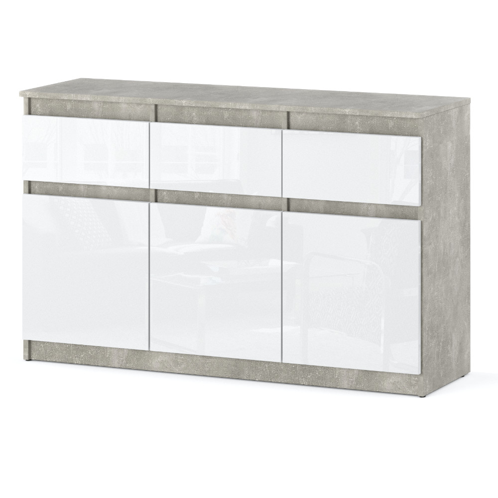 komoda-oleksa-120-cm-beton-bialy-polysk Komoda Oleksa 120cm z 3 drzwiami i 3 szufladami na tle w kolorze bialym z korpusem w kolorze beton i frontami w kolorze bialy polysk