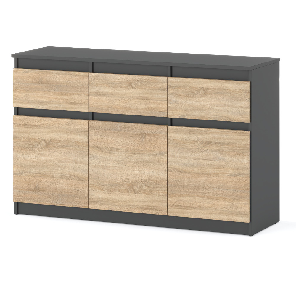 komoda-oleksa-120-cm-szary-polysk-dab-sonoma Komoda Oleksa 120cm z 3 drzwiami i 3 szufladami na tle w kolorze bialym z korpusem w kolorze szary mat i frontami w kolorze dab sonoma