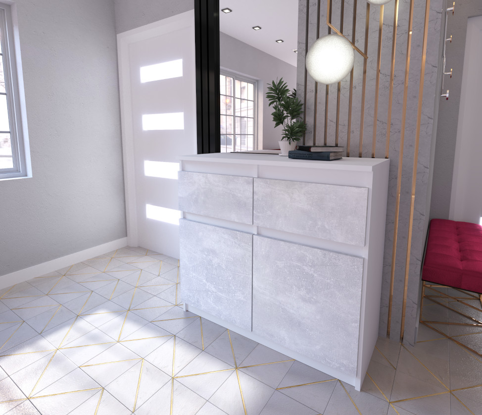 Komoda Oleksa z 2 drzwiami i 2 szufladami na tle rzeczywistym z korpusem w kolorze beton atelier i frontami w kolorze beton