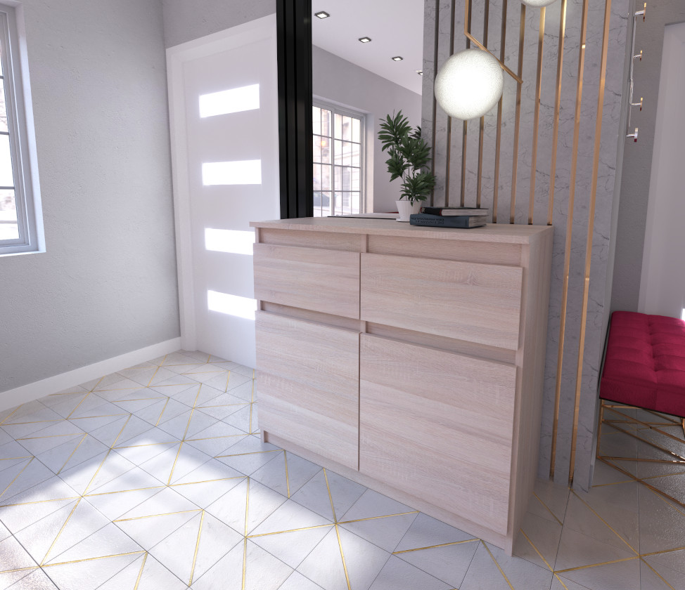 Komoda Oleksa z 2 drzwiami i 2 szufladami na tle rzeczywistym z korpusem w kolorze dab sonoma i frontami w kolorze dab sonoma