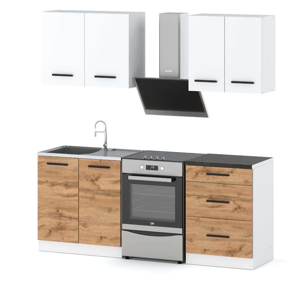 kuchnia-mini-mokka-200-cm-bialy-mat-dab-wotan Kuchnia Mini Mokka na bialym tle w kolorze bialy mat i dab wotan