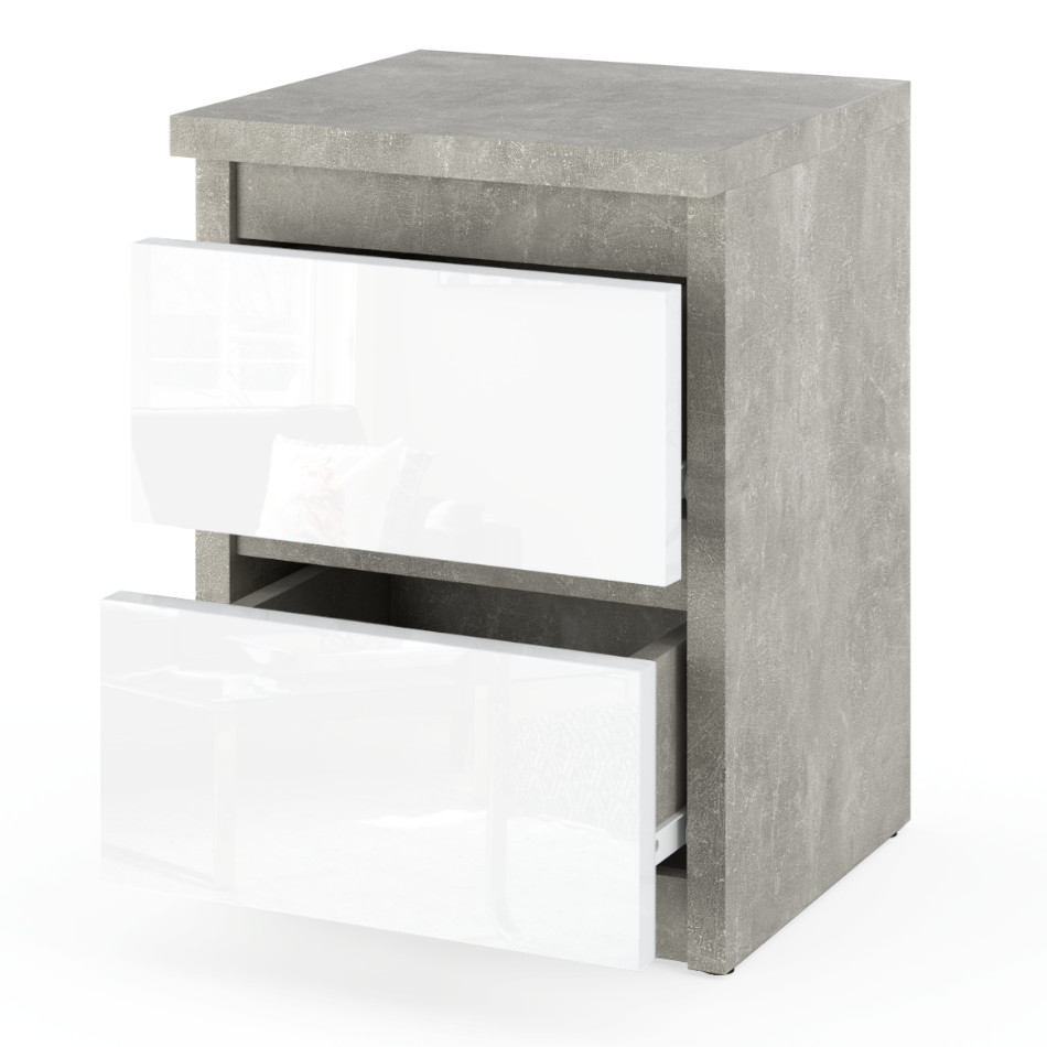 Szafka Nocna Hugo na bialym tle otwarta z korpusem w kolorze beton atelier i frontach w kolorze bialy polysk