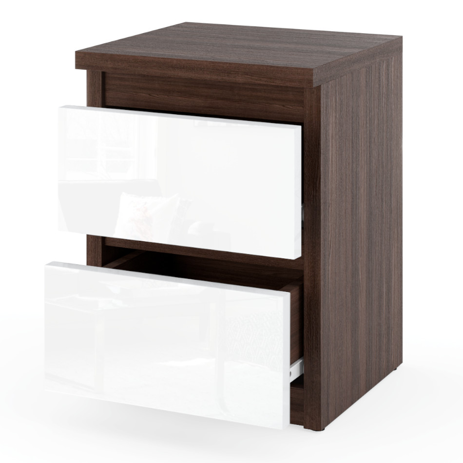 Szafka Nocna Hugo na bialym tle otwarta z korpusem w kolorze dab wenge i frontach w kolorze bialy polysk