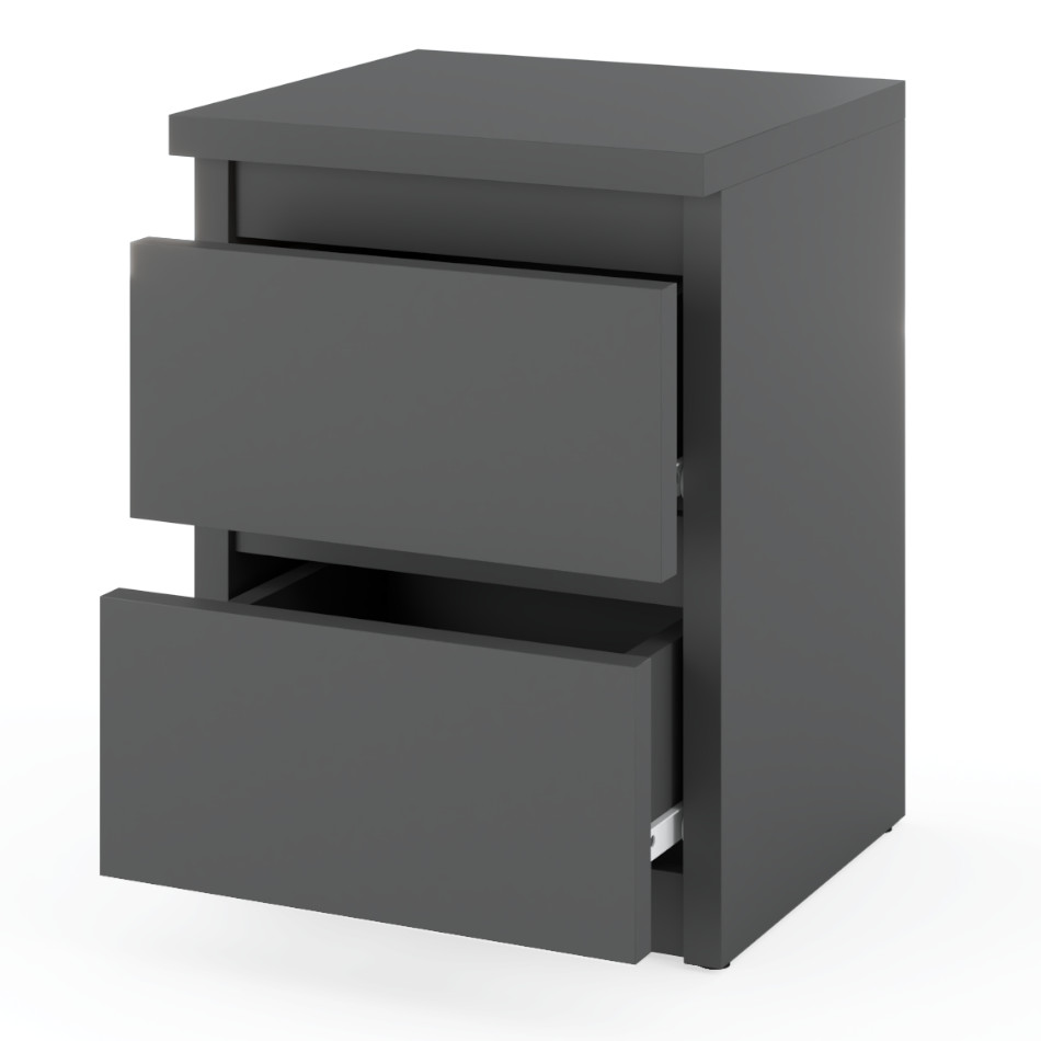 Szafka Nocna Hugo na bialym tle otwarta z korpusem w kolorze szary mat i frontach w kolorze szary mat