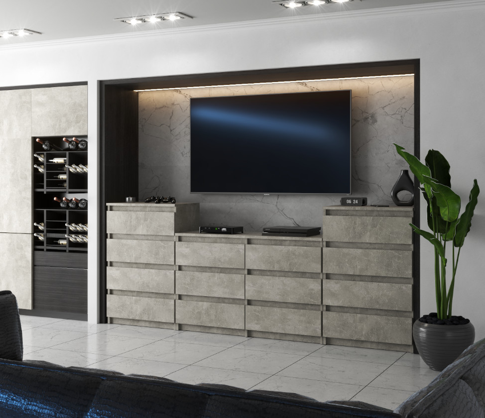 Zestaw Hugo 464 Komody z 14 szufladami 220cm na tle rzeczywistym z korpusem w kolorze beton atelier i frontami w kolorze atelier