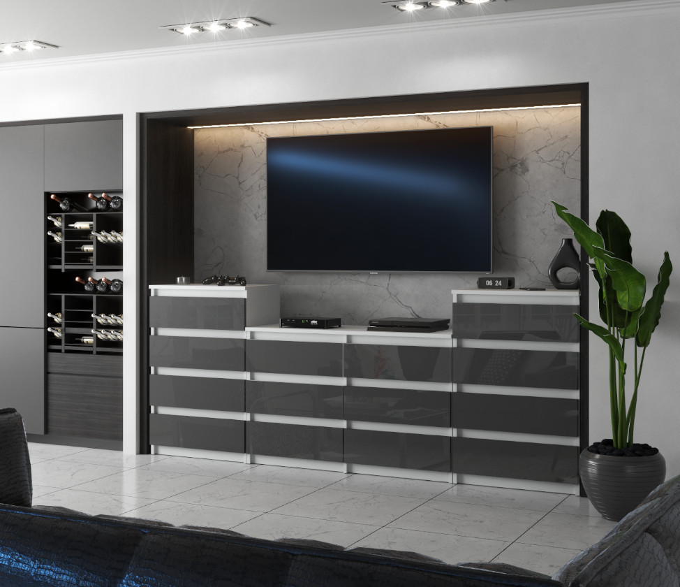 Zestaw Hugo 464 Komody z 14 szufladami 220cm na tle rzeczywistym z korpusem w kolorze bialy mat i frontami w kolorze szary polysk