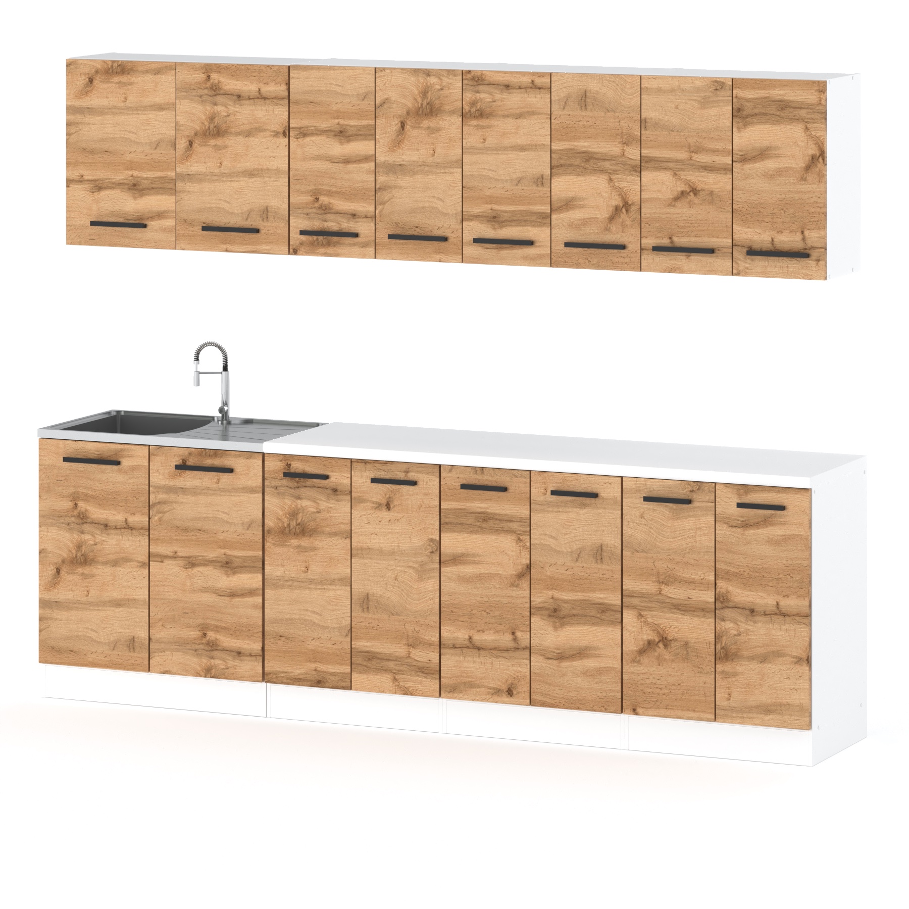 Kuchnia Verdi Wotan Biale Tlo Zestaw mebli kuchennych Vero o szerokości 260cm w kolorze korpus biały mat fronty dąb wotan z batem w kolorze biel arktyczna