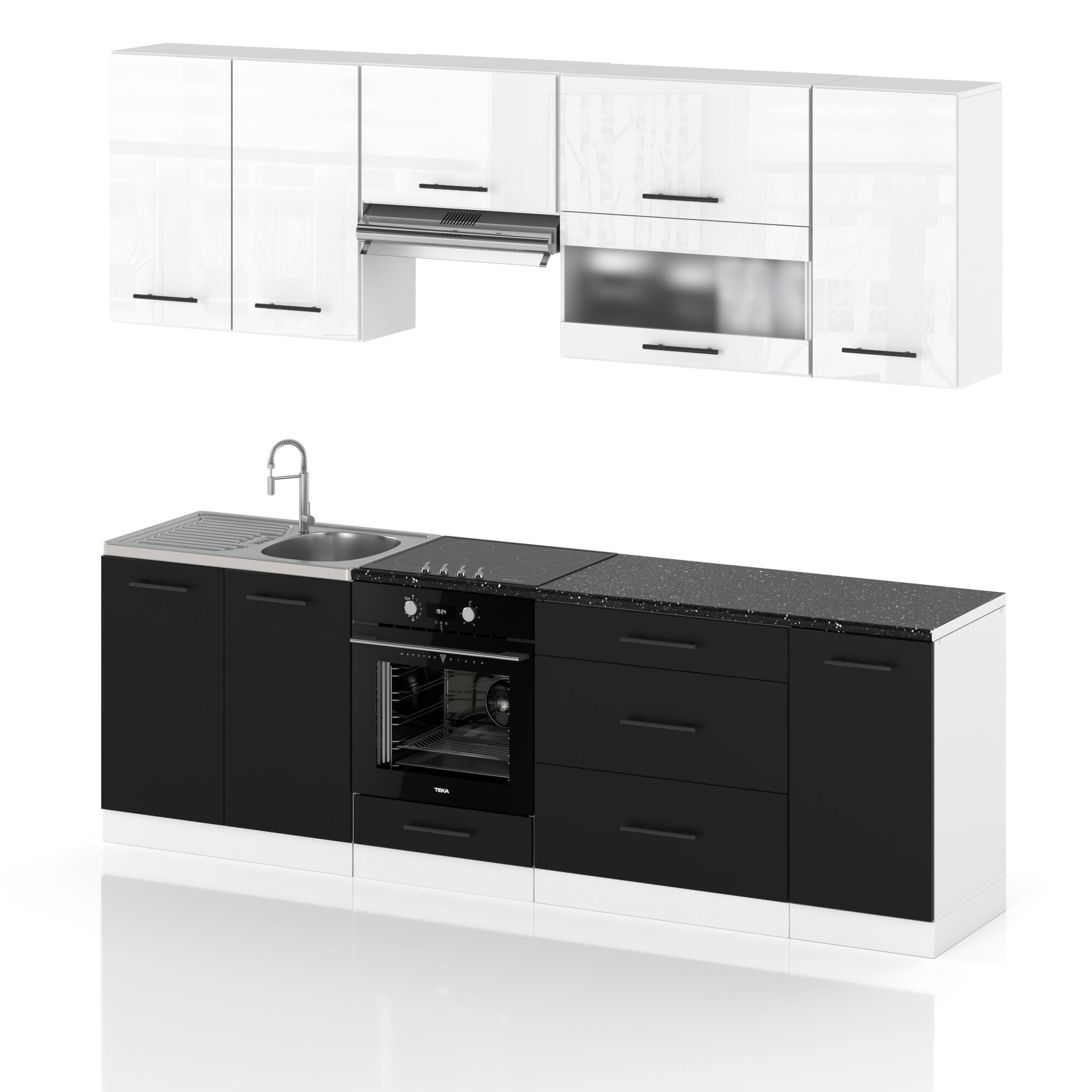 zestaw-mebli-kuchennych-spremium-marocco-260-cm-bialy-polysk-czarny-mat zestaw kuchenny marocco spremium 260cm z korpusem w kolorze białym i frontami w kolorze biały połysk i czarny mat