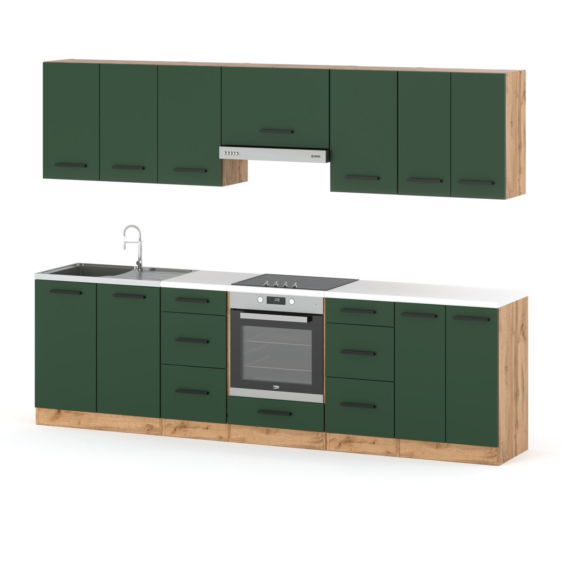 zestaw-kuchenny-roma-2-8-m-korpus-dab-wotan-front-butelkowa-zielen zestaw mebli kuchennych Roma 280cm korpus dab wotan fronty butelkowa zieleń