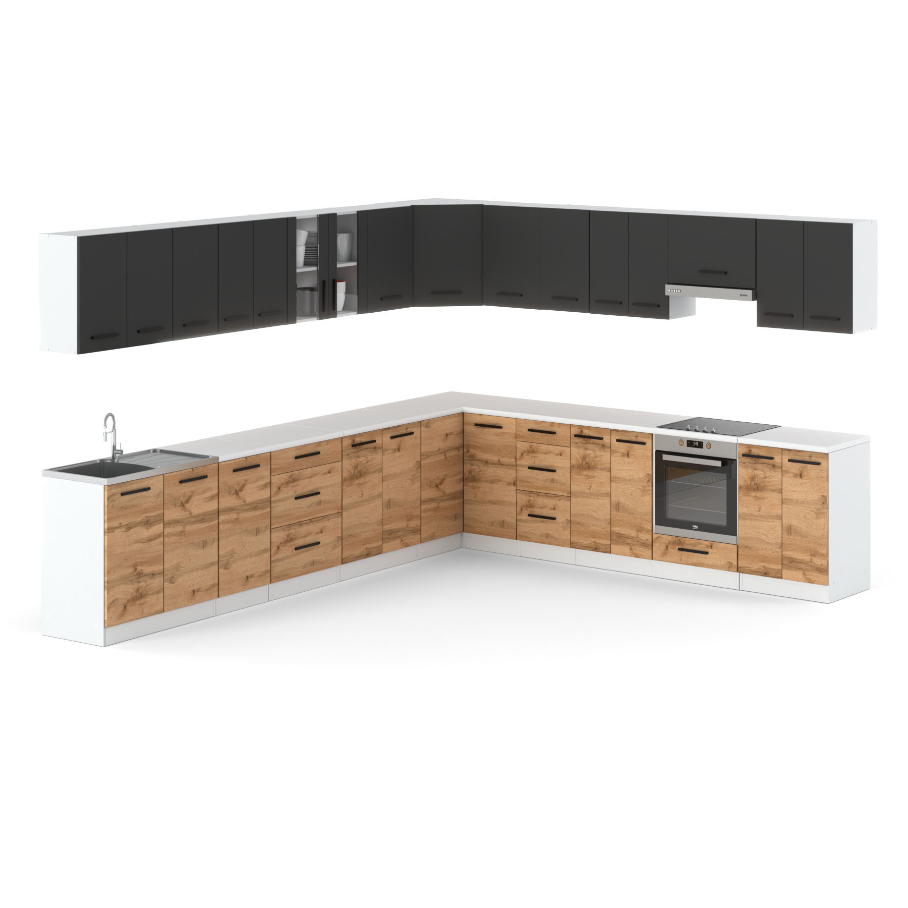 zestaw-kuchenny-rossa-6-8-m-korpus-bialy-front-szary-mat-dab-wotan Meble Kuchenne Rossa 6.8m Szafki Kuchenne Biały Szary Mat Dąb Wotan